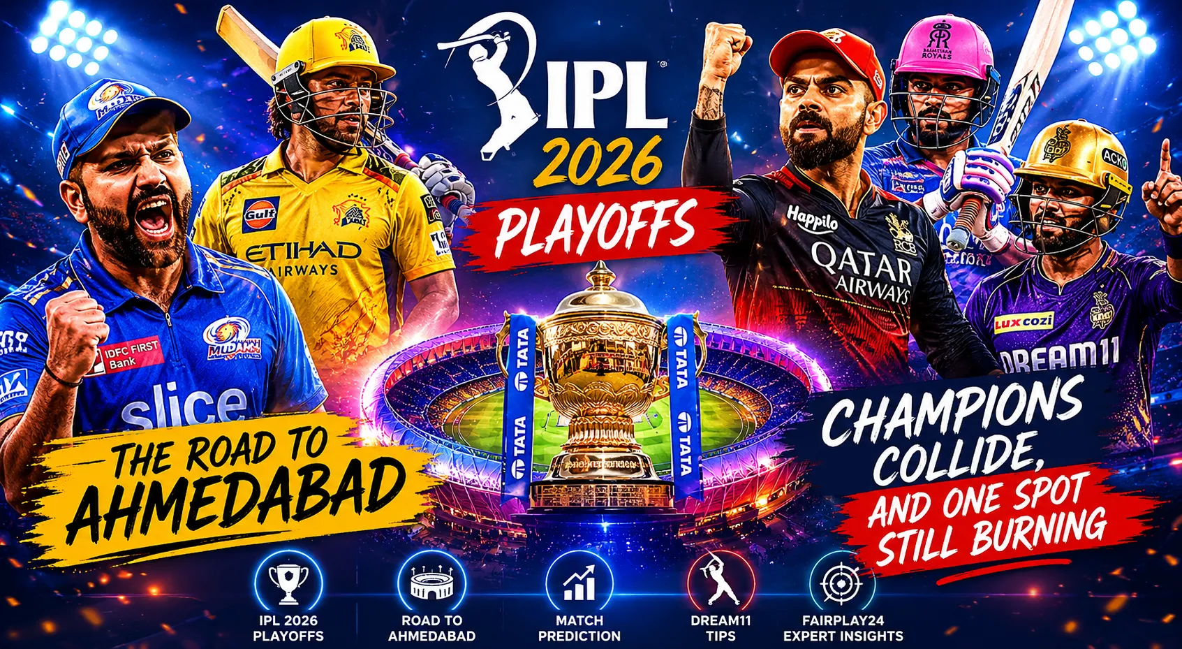 Read more about the article IPL 2026 Playoffs: The Road to Ahmedabad — Champions Collide, and One Spot Still Burning