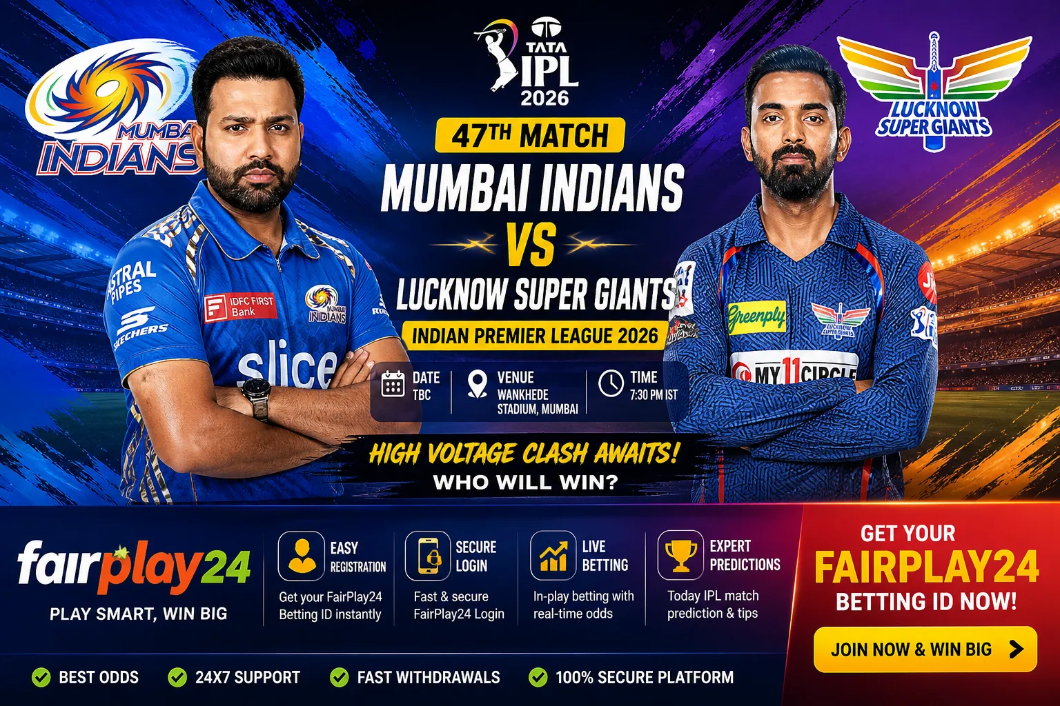 Mumbai Indians vs Lucknow Super Giants 2026 – Match 47 Prediction, Tips & Fairplay24 Odds